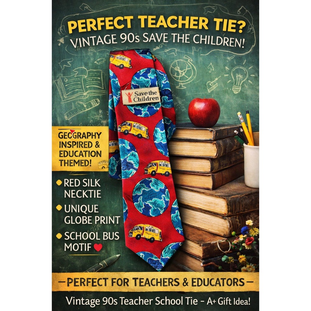 Vintage 90s‎ Save The Children Silk Tie World Map School Bus Teacher  Education